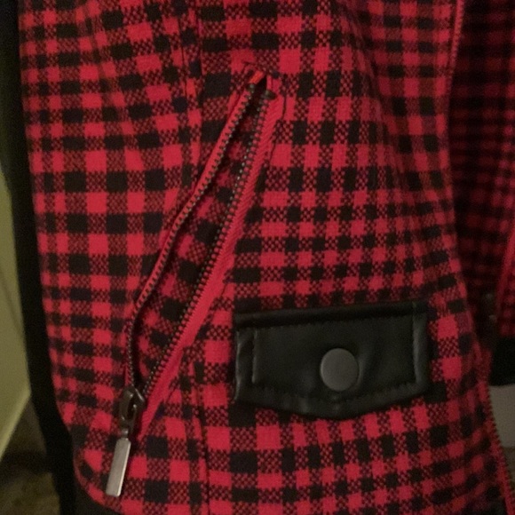 Faux leather jacket with black and red plaid print - Picture 3 of 6